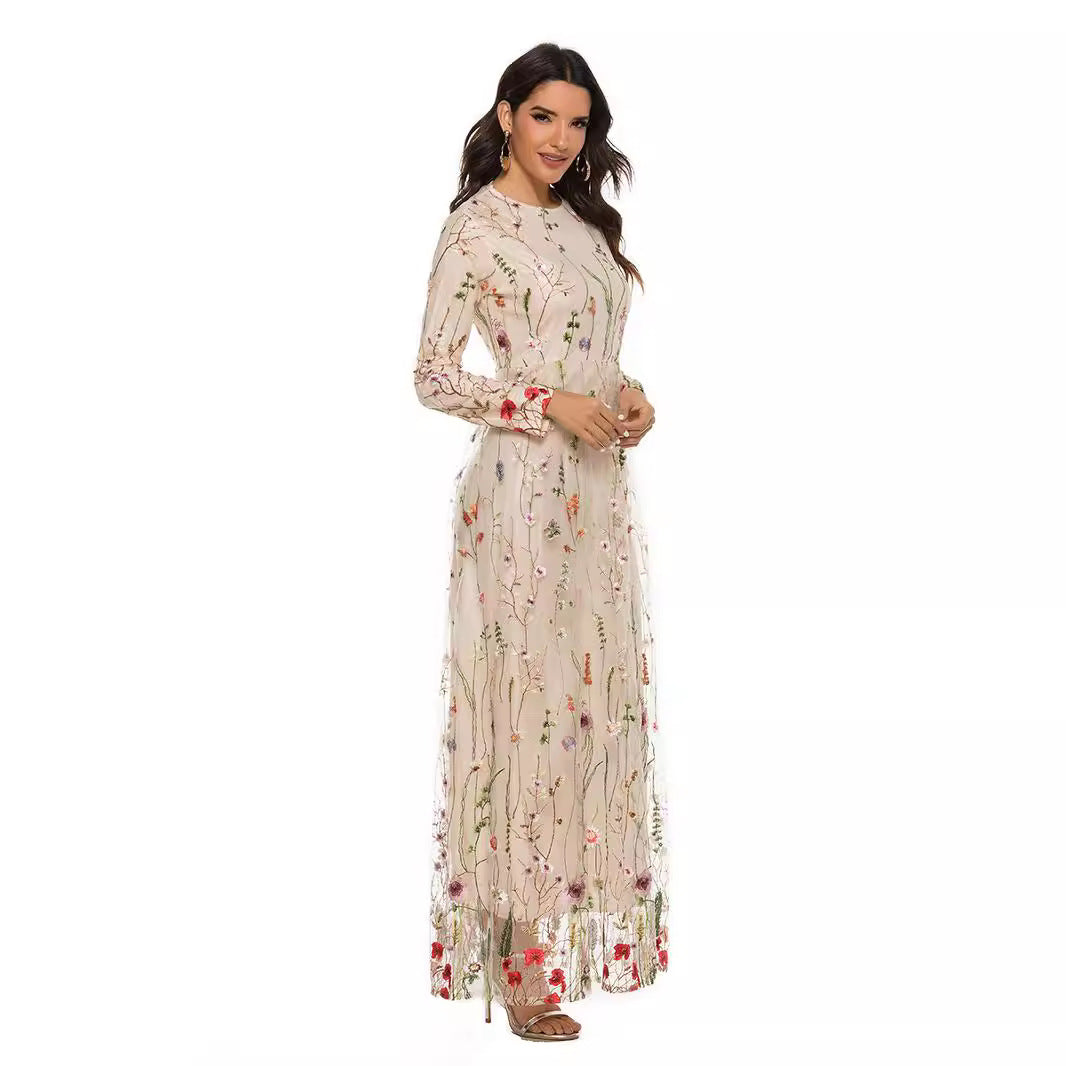 Fashion Embroidered Dress Sweet Flowers Lace Long Dresses