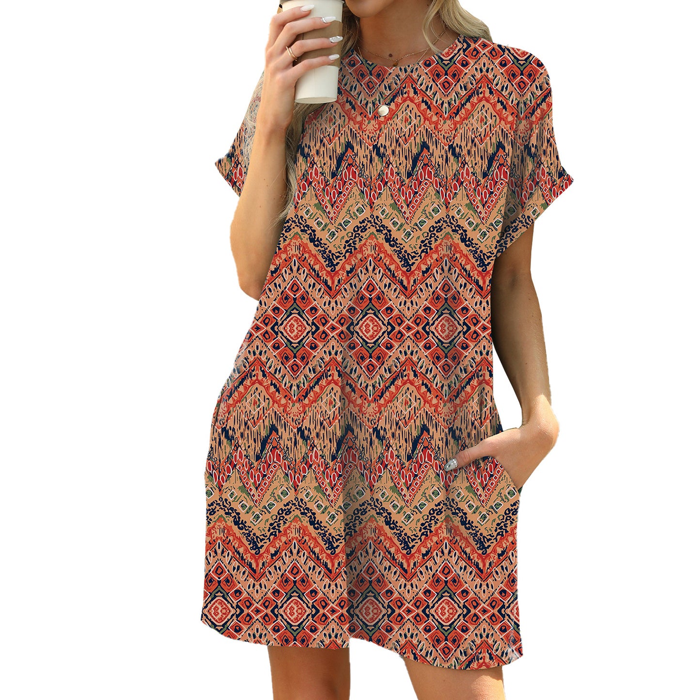 Loose Round Neck Sleeve Printed Pocket Dress