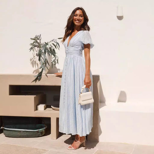 Women's Color Long Puff Sleeve Oversized Swing Dresses