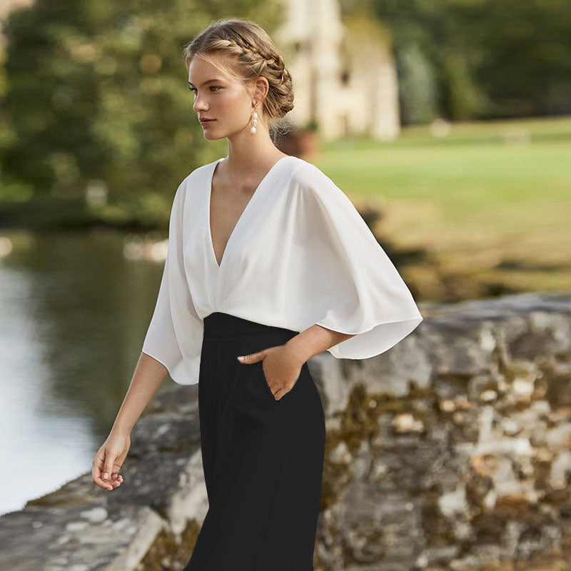 Women's Contrast Color Dress Deep V High Pants