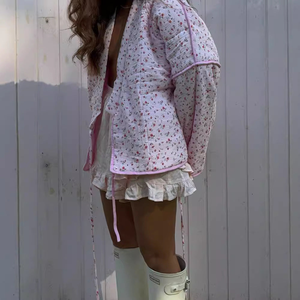 Pink Sweet Floral Flared Sleeves Cotton Coats