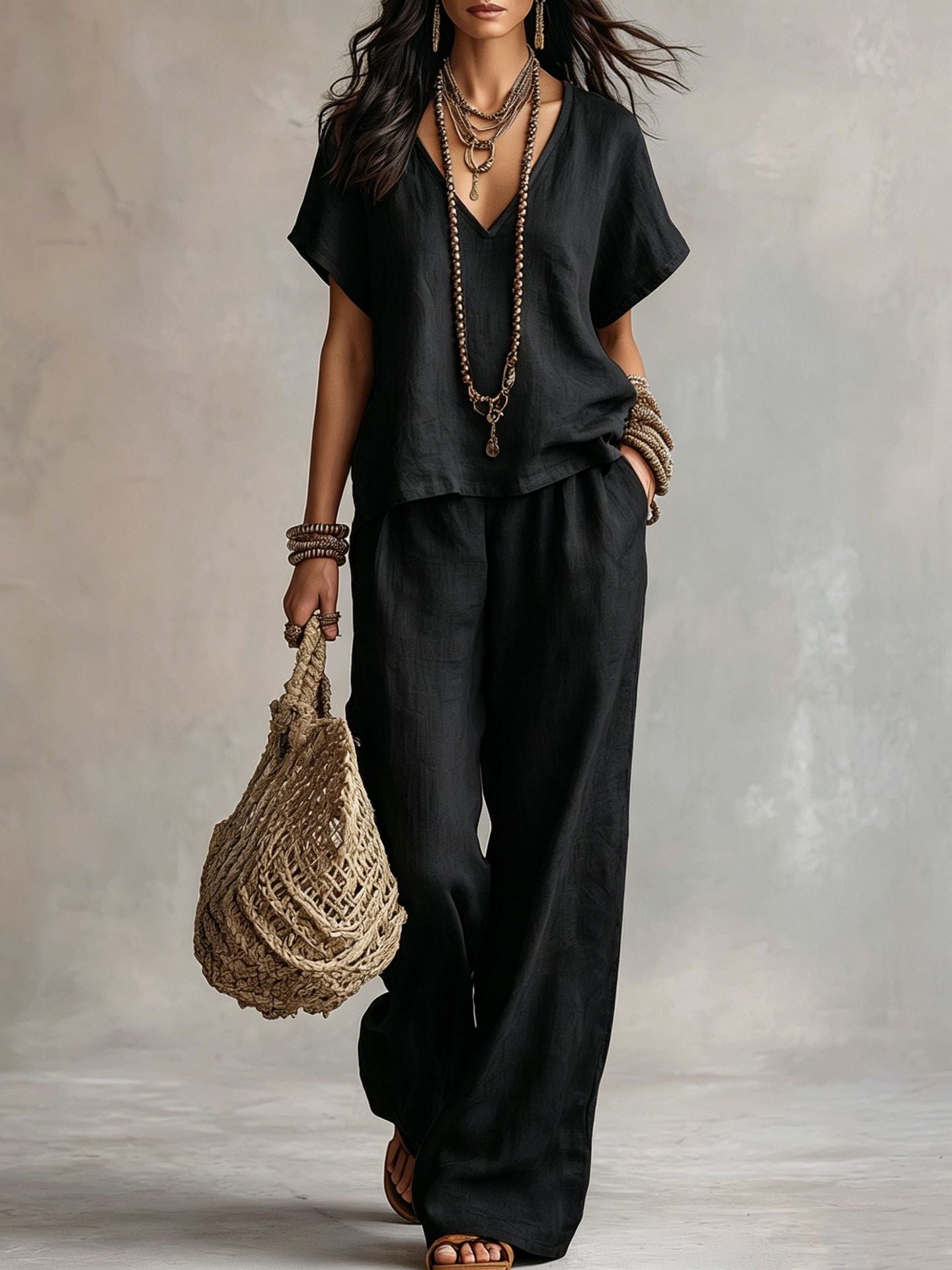 Women's Solid Color Loose Short-sleeved Trousers Two-piece Suits