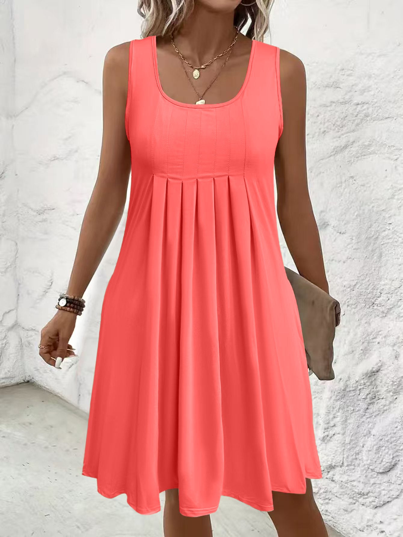 Women's Large Summer Solid Color Pleated Design Casual Sleeveless Dress