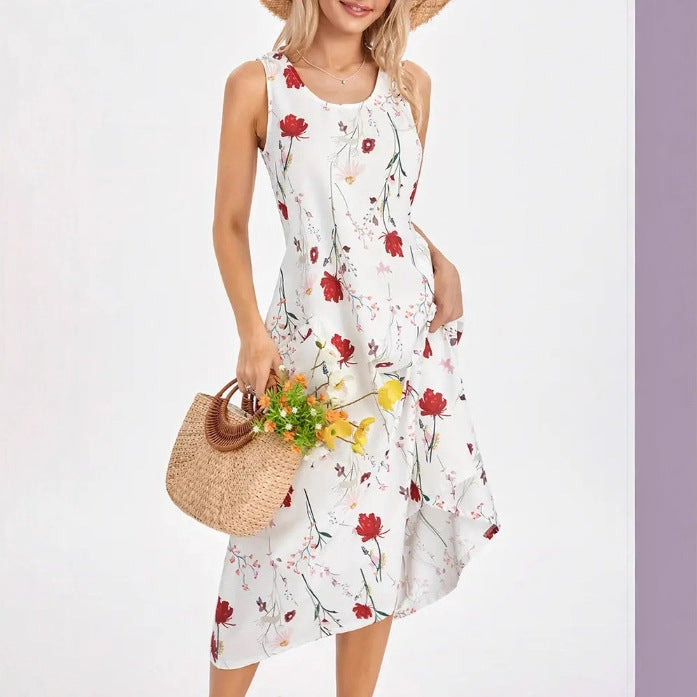Summer Sleeveless Round Neck Printed Long Dress