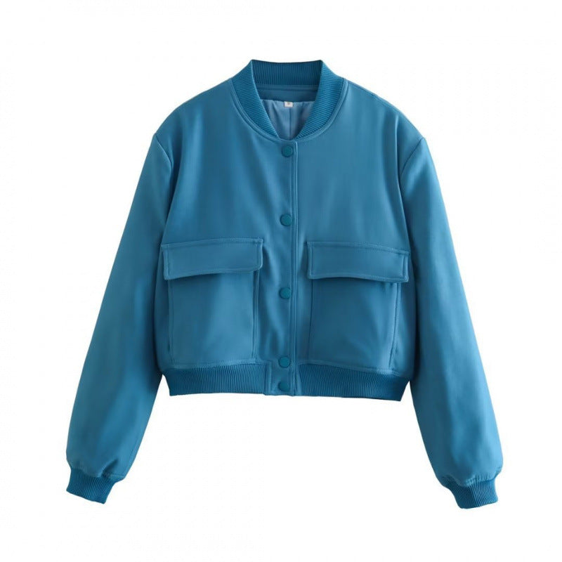 Women's Color Stand Collar Large Pocket Jackets