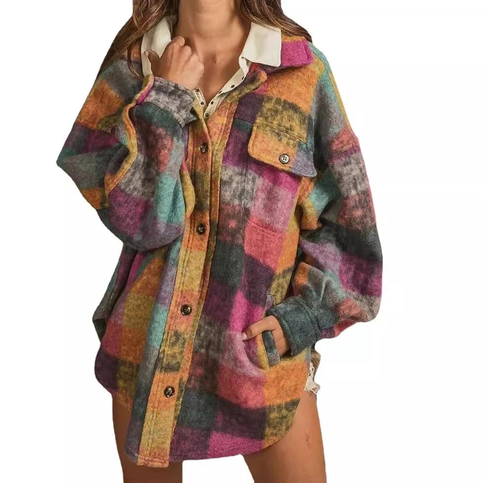 Women's Single-breasted Lapel Fleece Plaid Shirt Coats