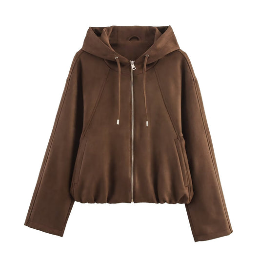 Women's Classy Suede Texture Hood Bomber Coats