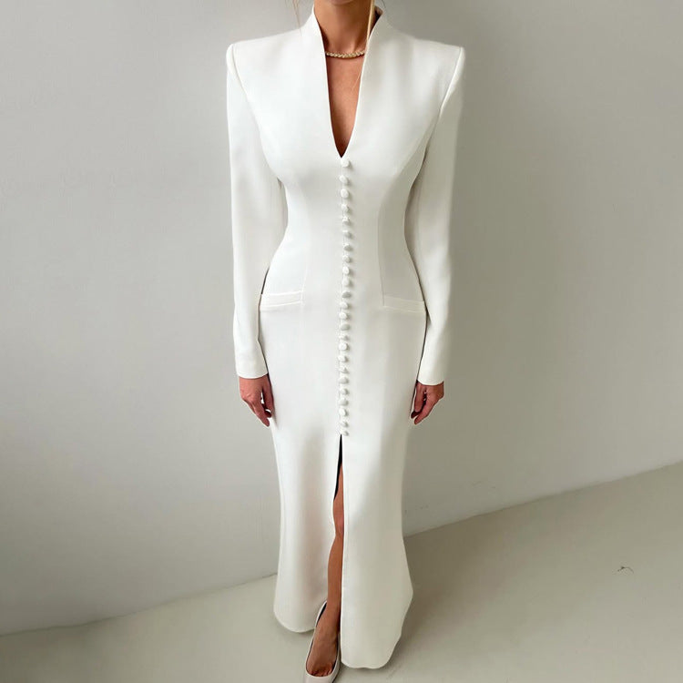 Women's Long Sleeve Temperament High Waist Split Dresses