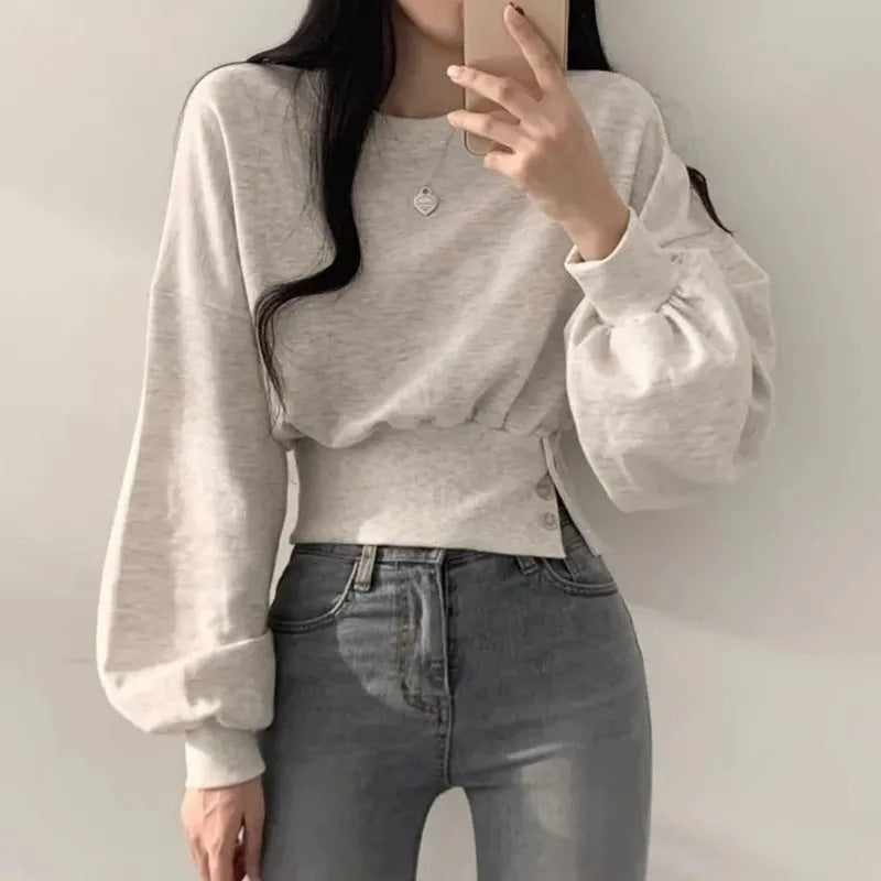 Women's Korean Round Neck Buckle Waist Slimming Women's Sweater, Sweater