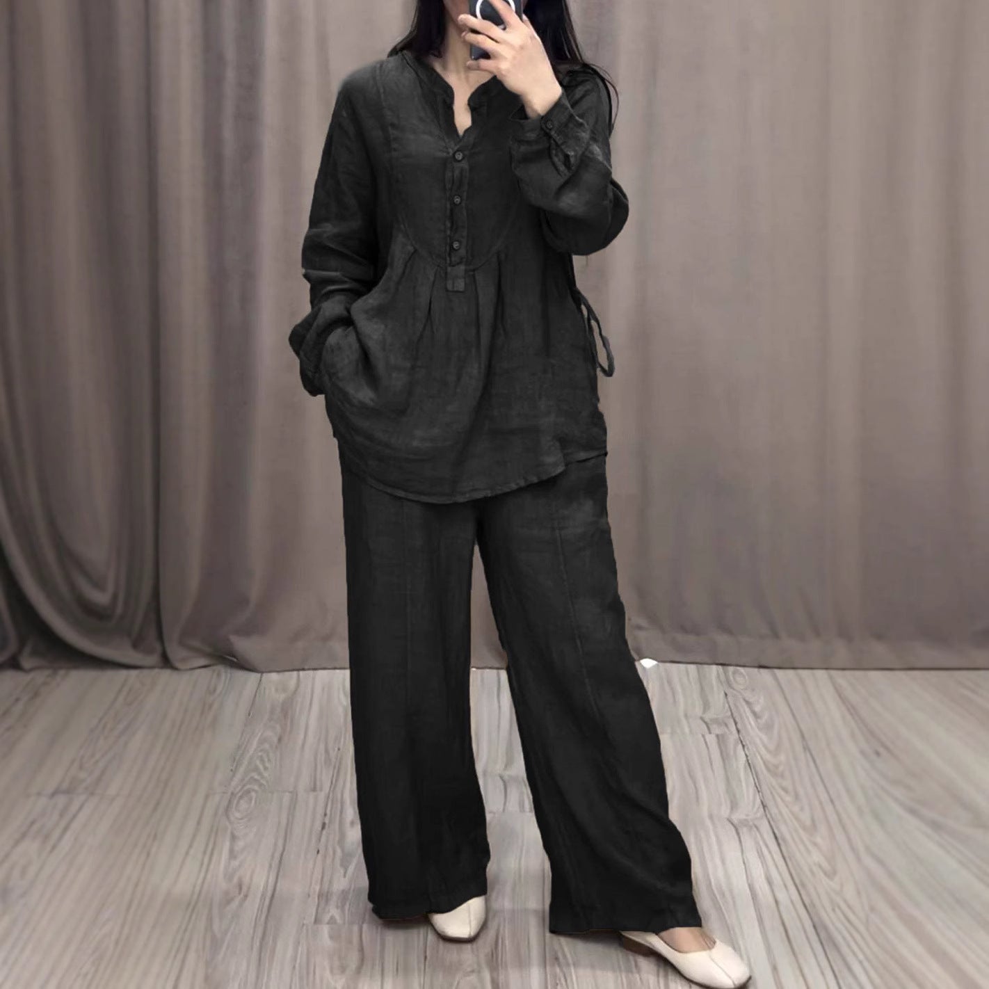 Cotton Linen Long Sleeve Half Pleating Wide Cardigans