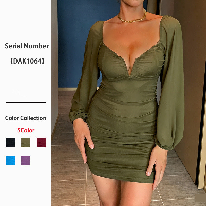 Women's Sexy Collar Mesh Long Sleeve Female Dress