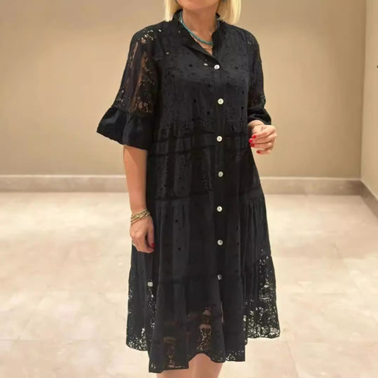 Women's Summer Solid Color Lace Button Stitching Dress