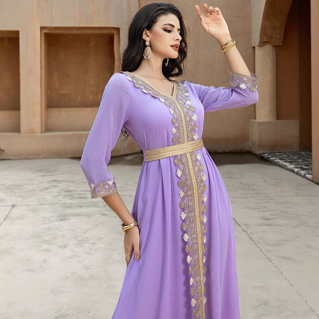 Violet Swing Stitching Golden Ribbon Temperament Dresses