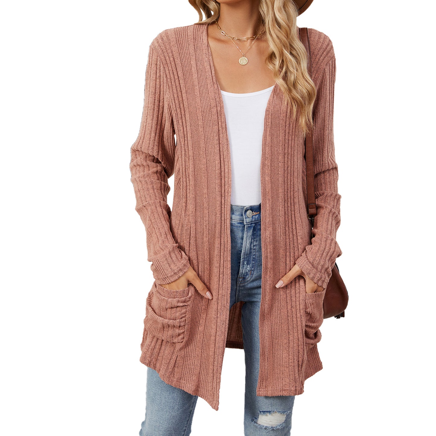 Women's Color Rib Fabric Brushed Pocket Long Cardigans