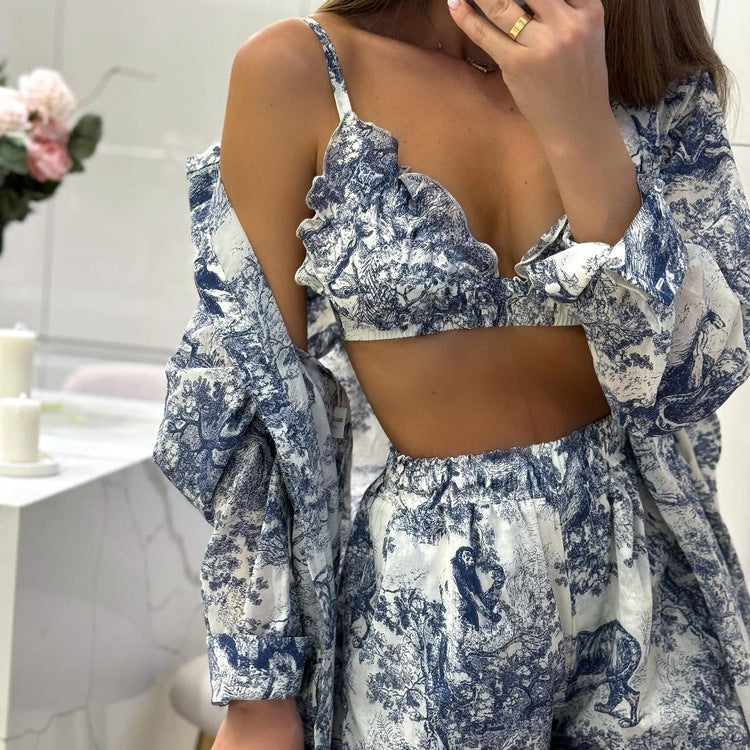 Women's Shirt Suspender National Style Ink Printing Fashion Suits