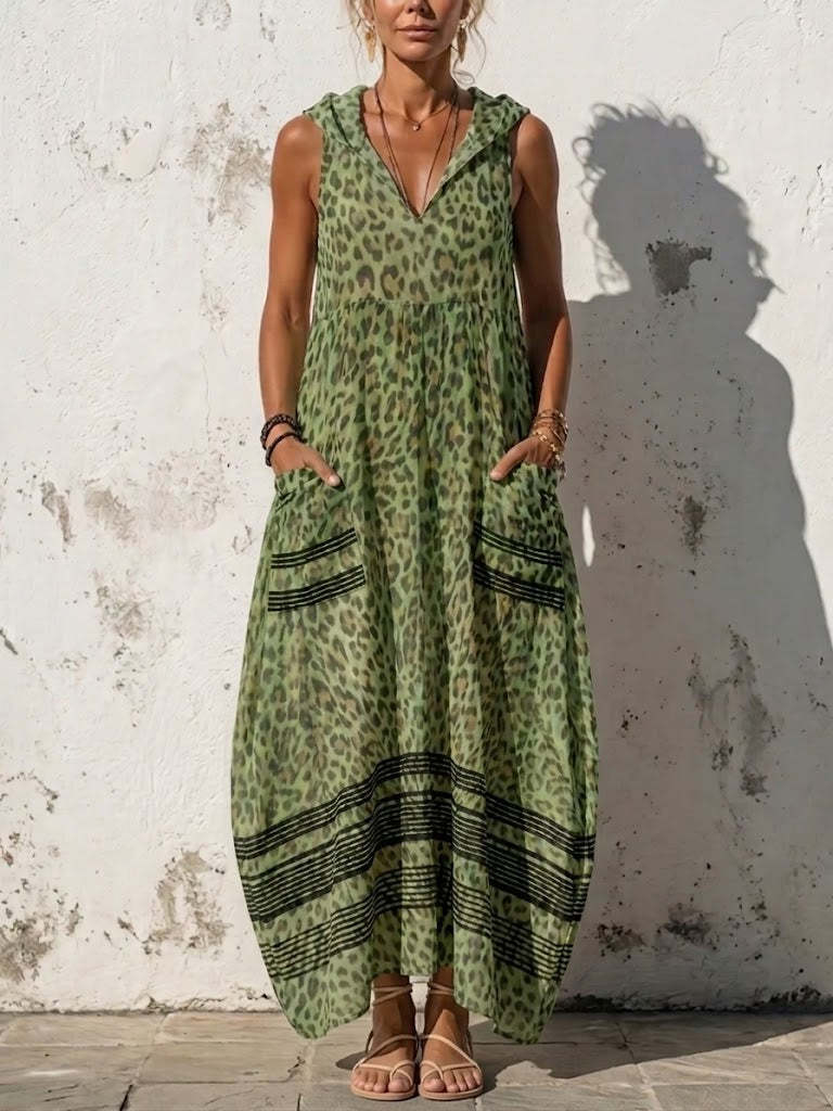 Women's Summer Sleeveless Hooded Leopard Print Pocket Vacation Style Dress