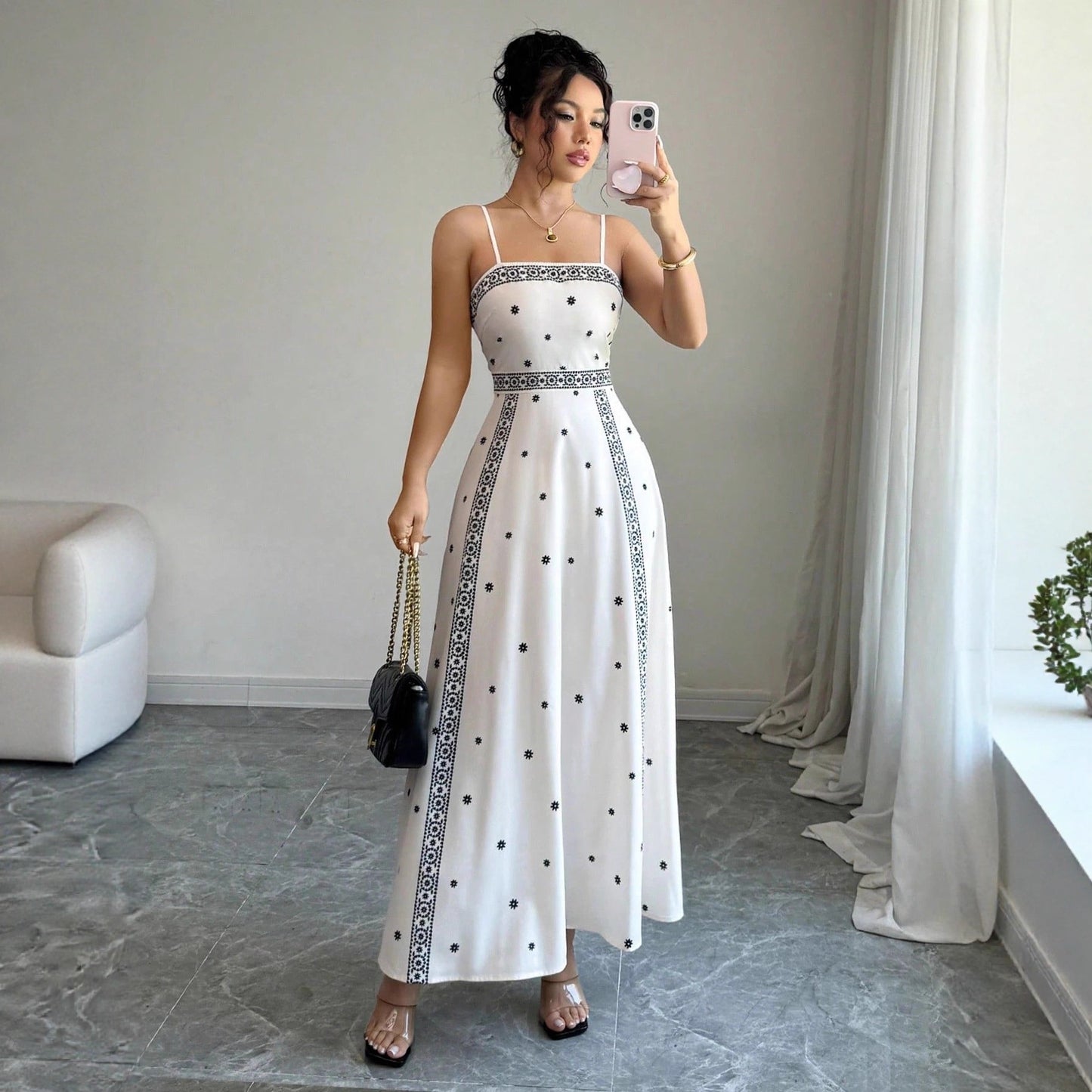 Women's Elegant Sling White Printing Long Dress