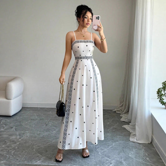 Women's Elegant Sling White Printing Long Dress