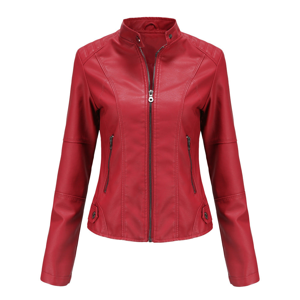 Women's Leather Slim Thin Motorcycle Stand Collar Jackets