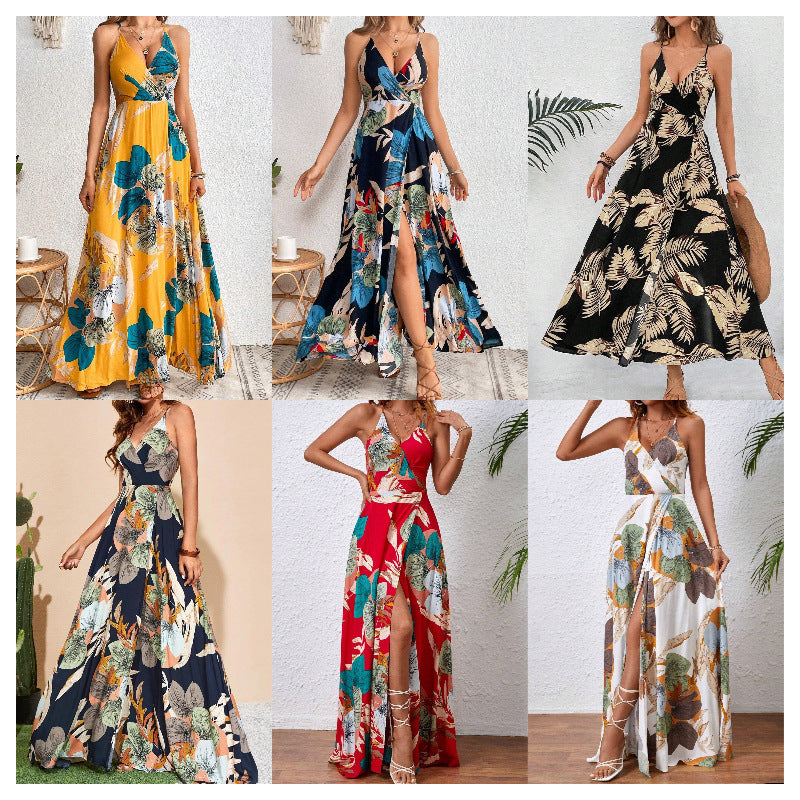 Attractive Tropical Printing Thigh Split Strap Dress