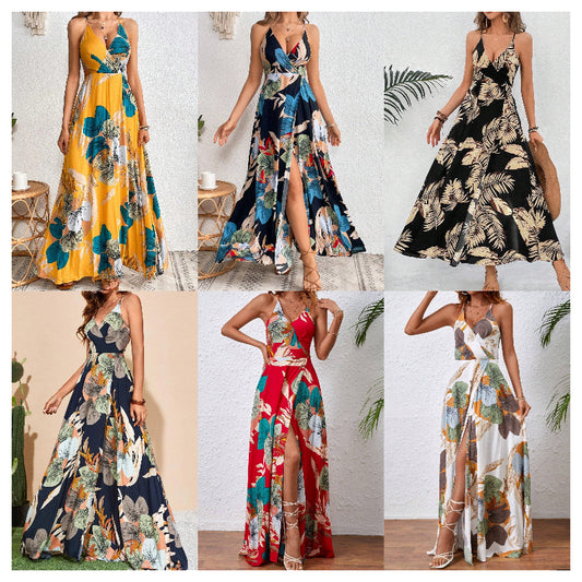 Attractive Tropical Printing Thigh Split Strap Dress