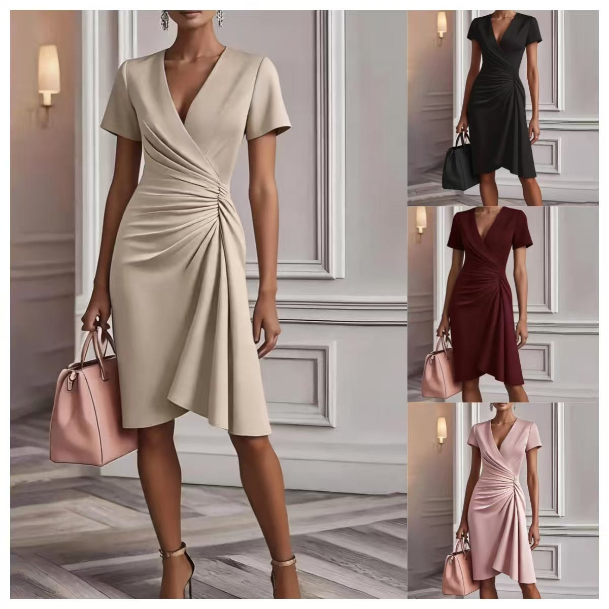 Women's Slimming Solid Color Hip Long Sleeve V Dress