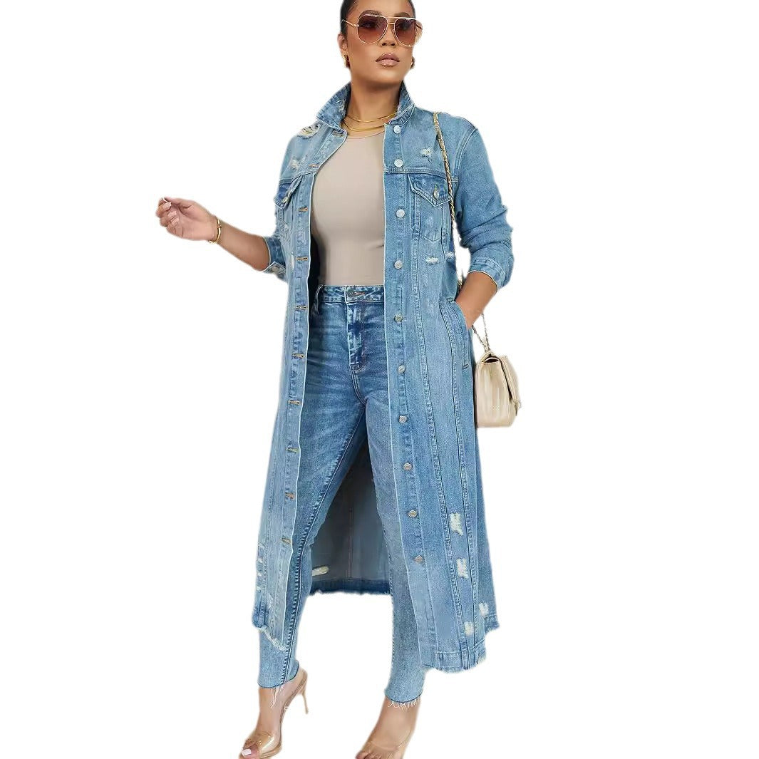 Women's Ripped Denim Real Pocket Long For Jackets