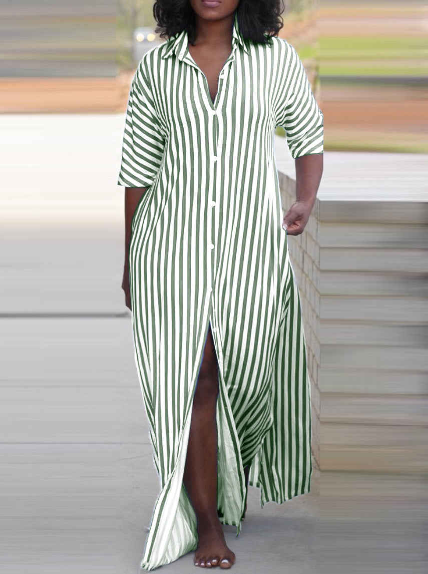 Women's Summer Fashion Loose Long Striped Shirt Dresses