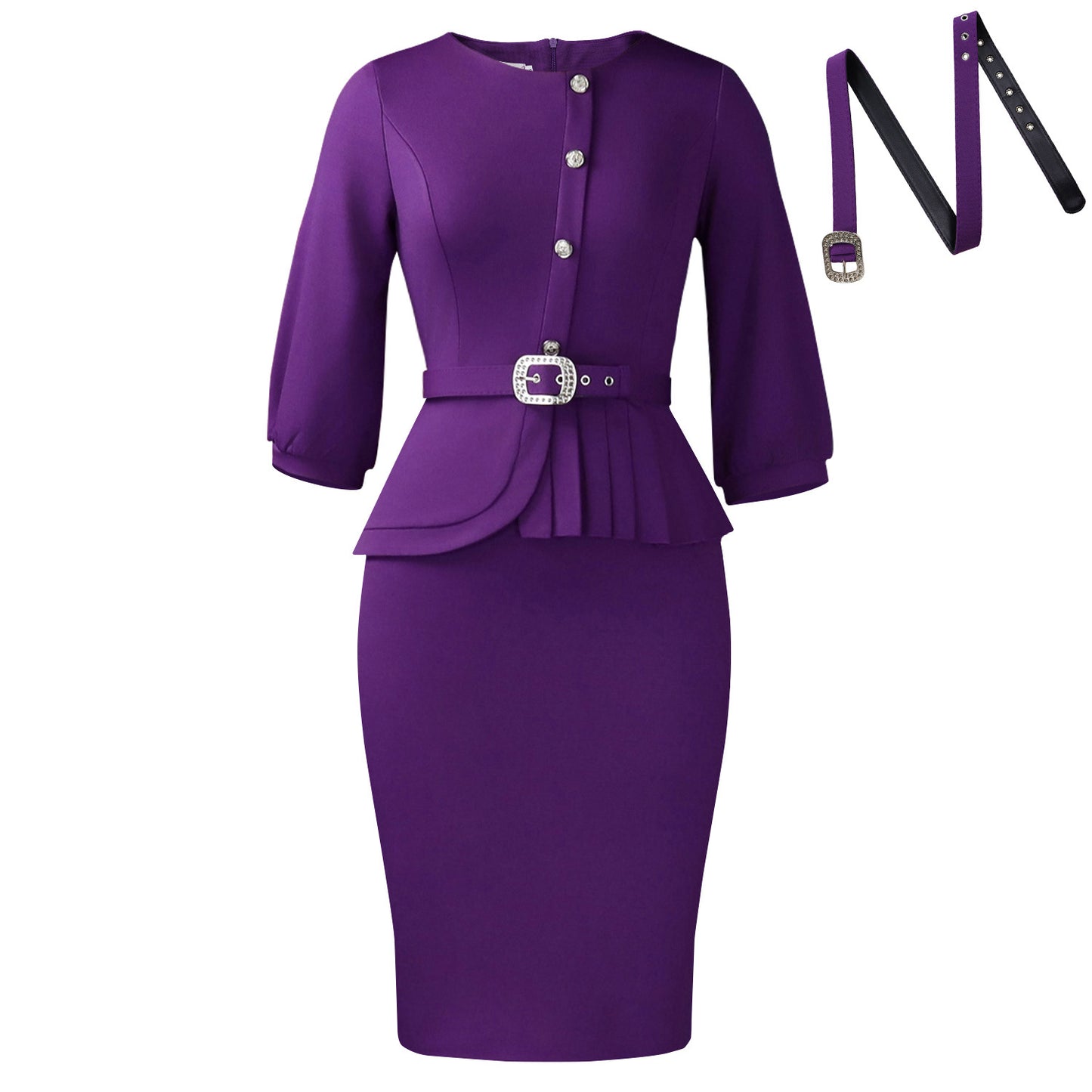 Elegant Stretch Round Neck Ruffled High Waist Temperament Sheath Solid Dress