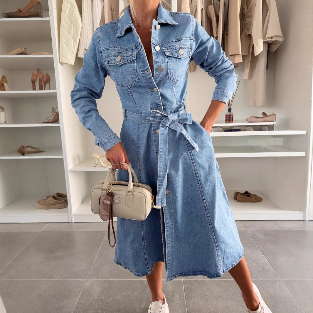 Women's Long-sleeved Shirt Dress Denim Washed Blouses