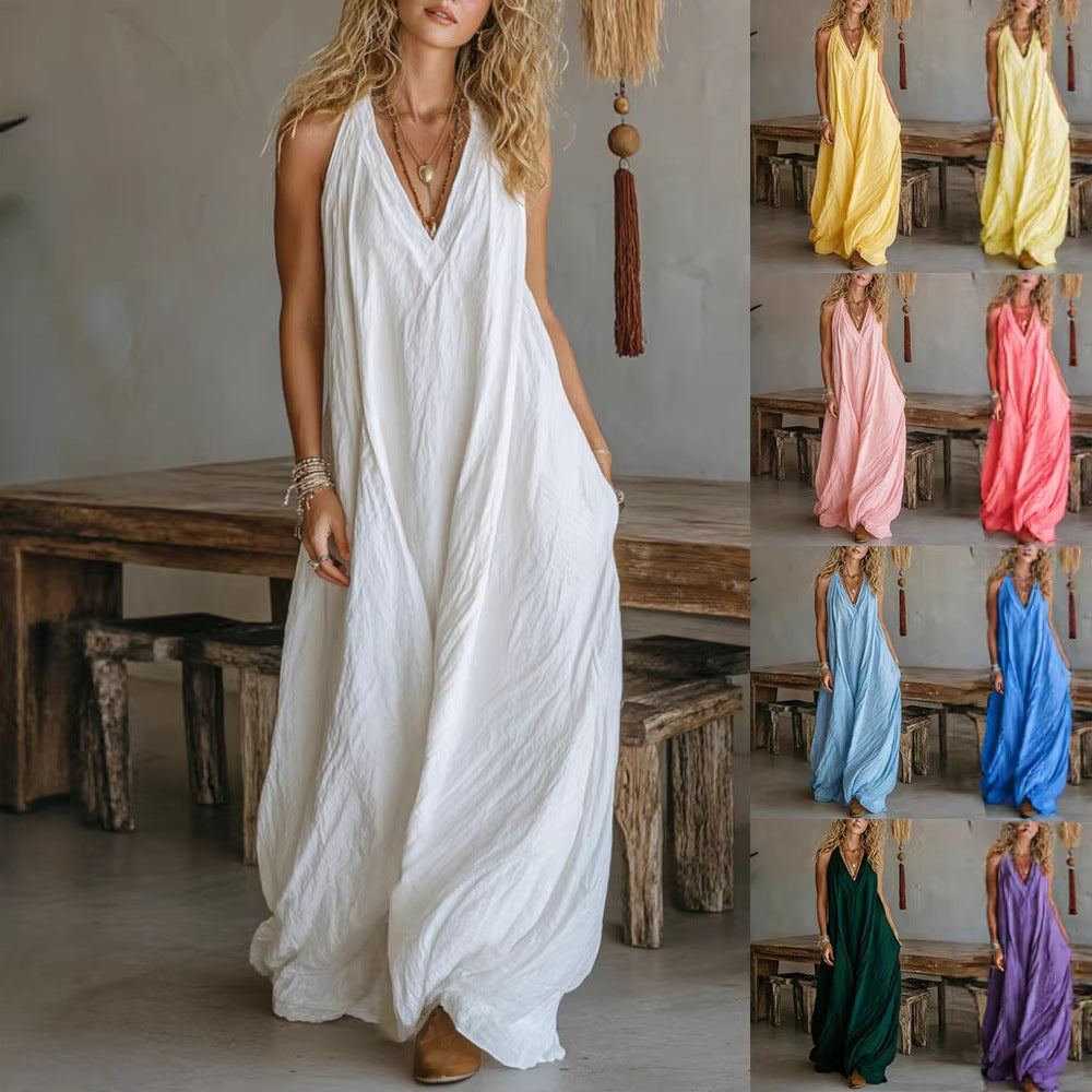Women's Sleeve Casual Sleeveless Loose Pockets Long Dress