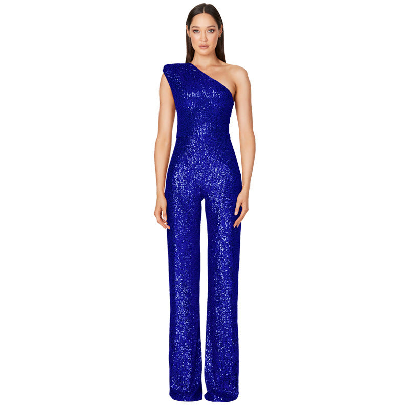Women's Fashion Sleeveless One Shoulder Backless Sequined Jumpsuits
