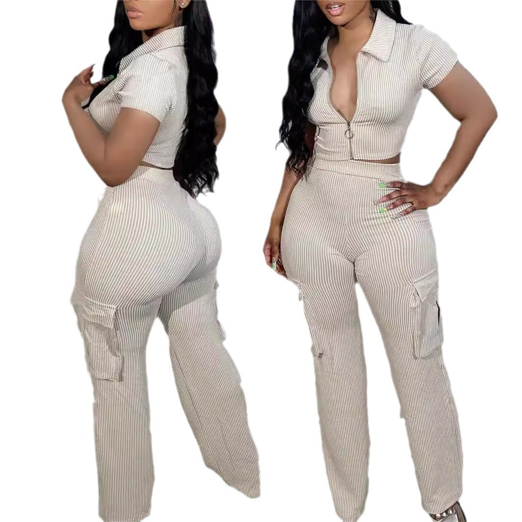 Zipper Trousers Casual Solid Color Two-piece Suits