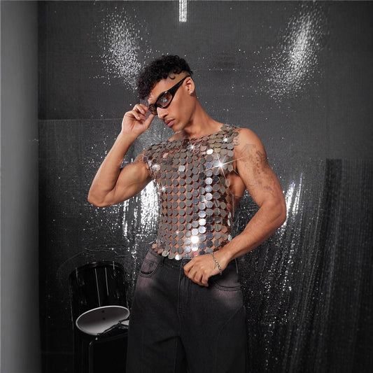 Men's Nightclub Sexy Handmade Sier Sequin Metal Tops