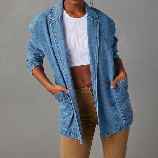 Women's Fashion Leisure Washed-out Blue Denim Suits