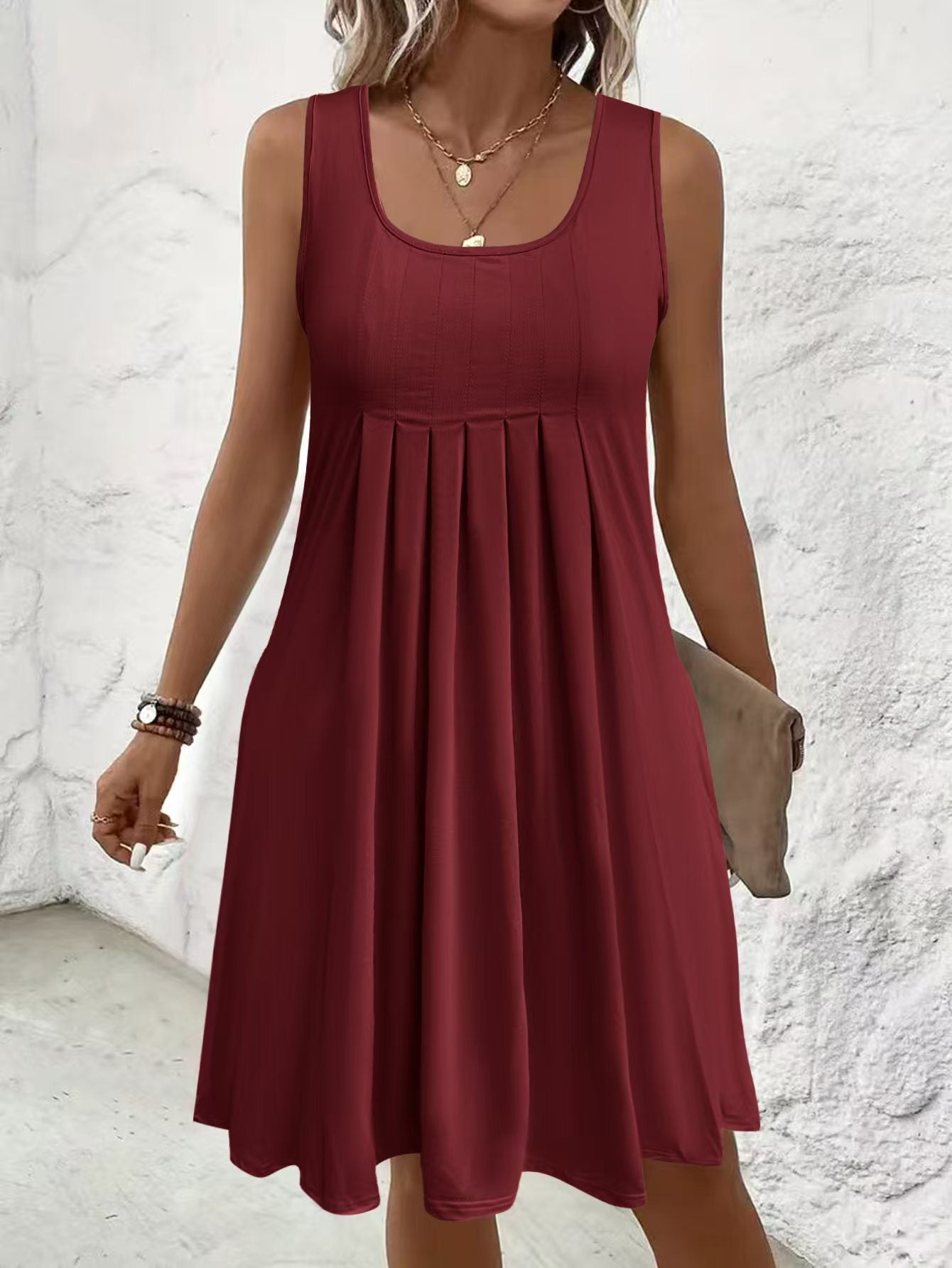 Women's Large Summer Solid Color Pleated Design Casual Sleeveless Dress