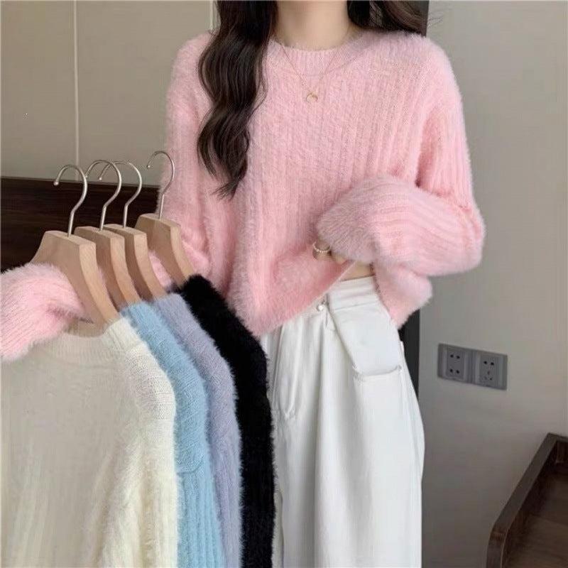 Women's Korean Style Mink Solid Color Sweet Graceful Pullover Women's Sweater