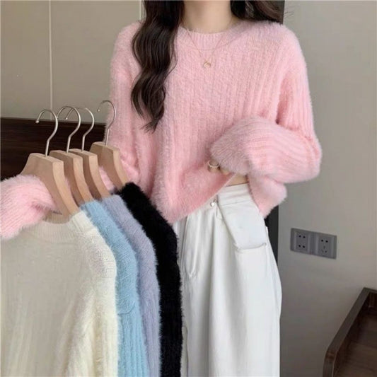 Women's Korean Style Mink Solid Color Sweet Graceful Pullover Women's Sweater