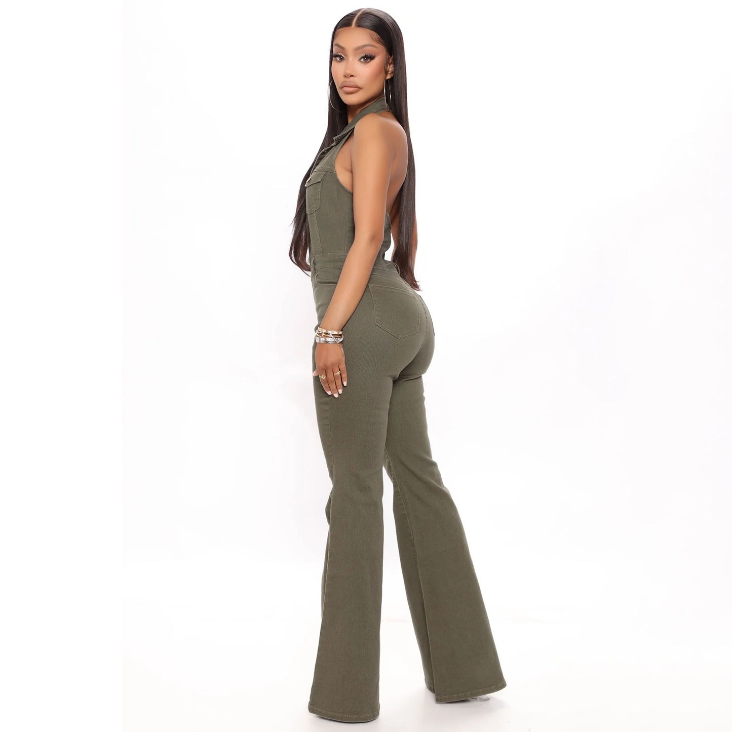 Women's Denim Fashion High Elastic Sexy Backless Jumpsuits