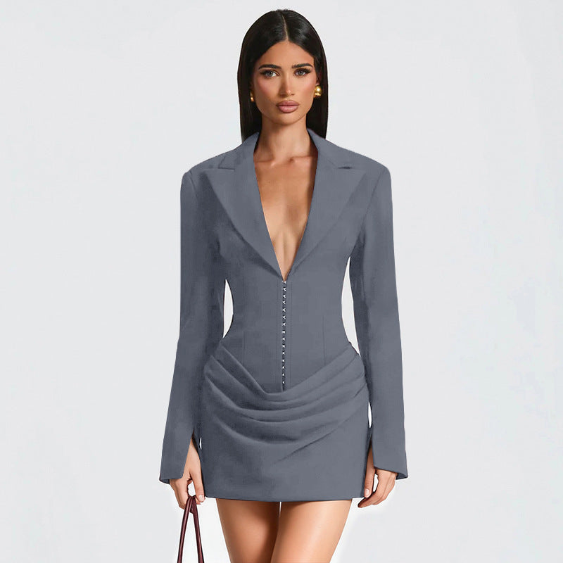 Women's Solid Color Sexy Deep Pleated Waist Tight Suits
