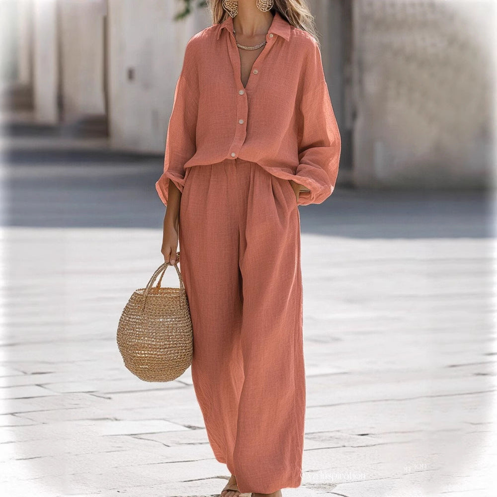 Women's Lapel Long Sleeve Shirt Trousers Cotton Fashion Casual Suit