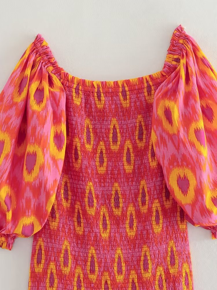 Women's Versatile Printed Midi Sleeve Dress Dresses