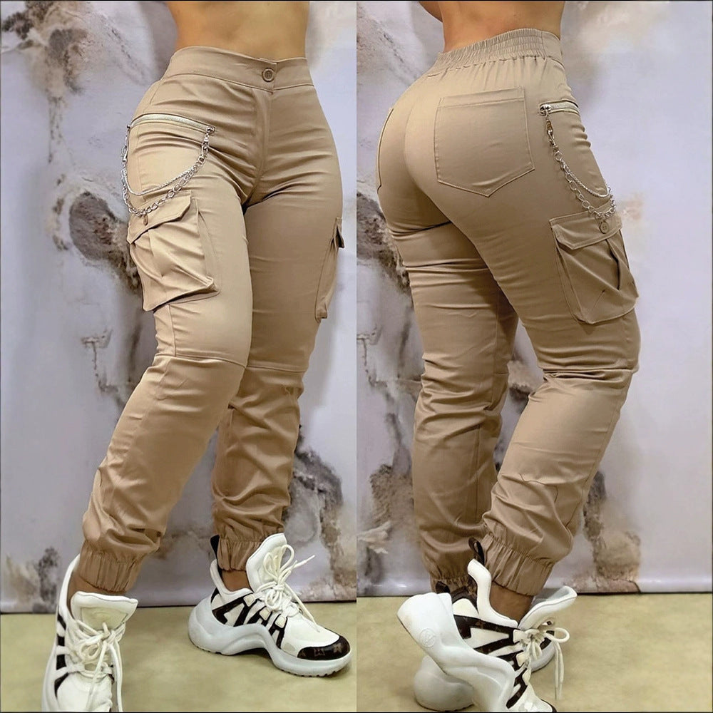 Solid Color Tooling High Waist Casual Pants