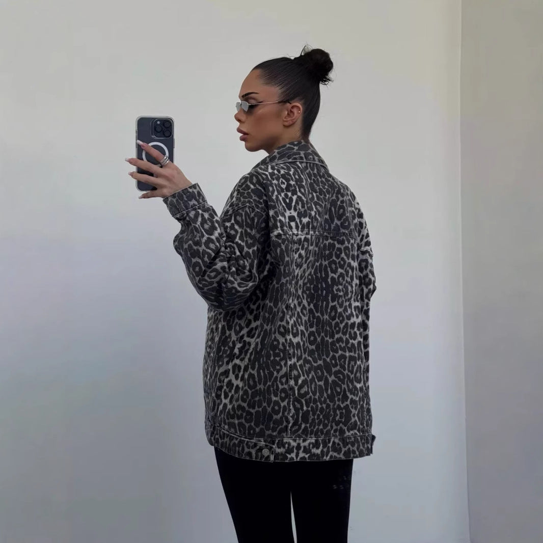 American Vintage Leopard Print Niche Lapel Denim Spring Jackets