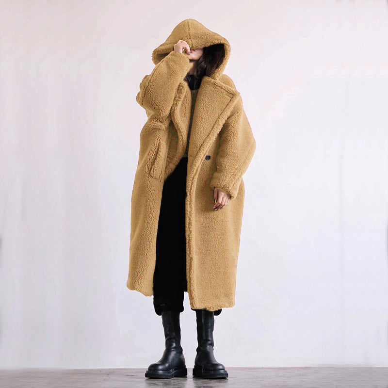 Women's Faux Fur Mid-length Hooded Lapel Fashion Lamb Coats