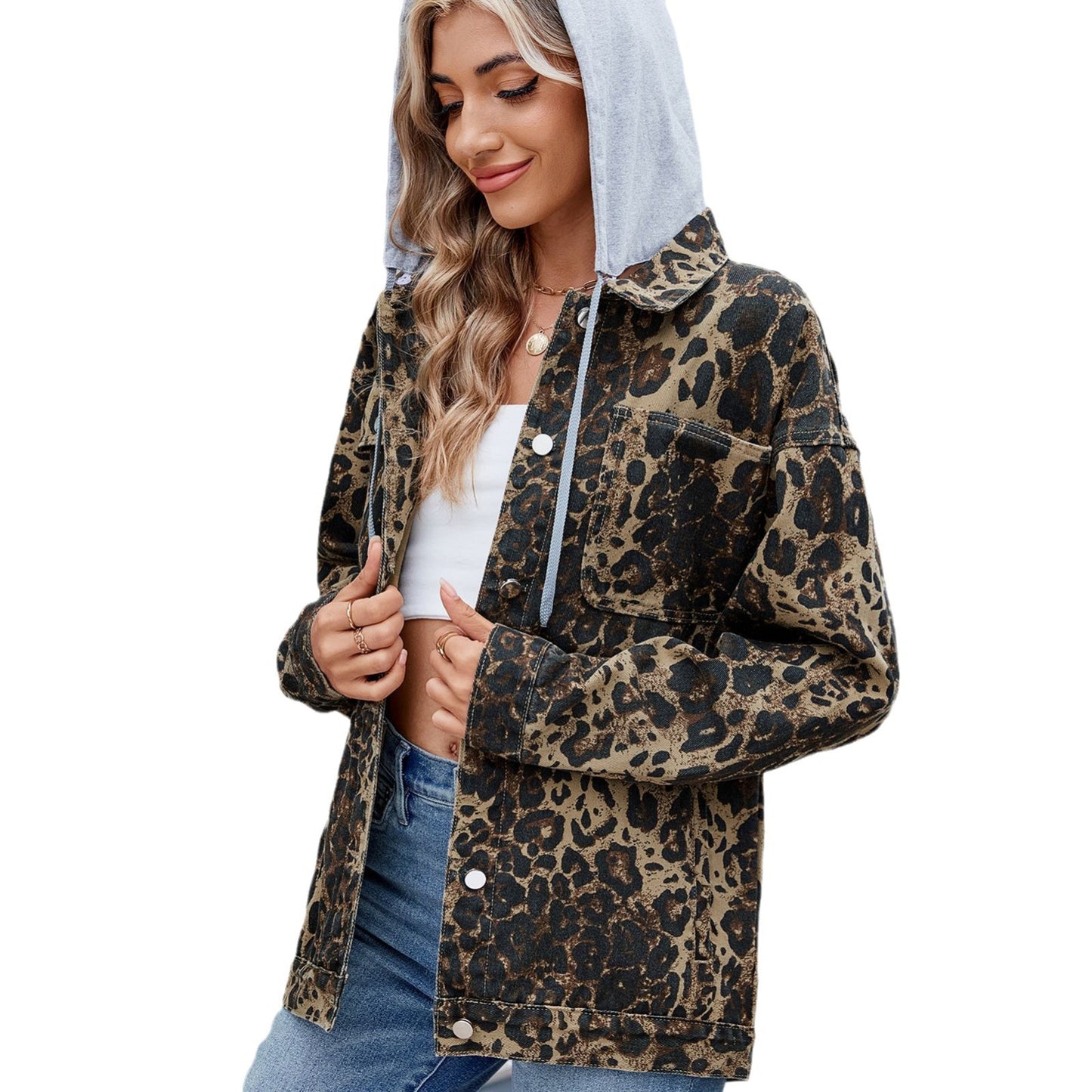 Women's Washed Fashion Leopard Print Denim Jackets