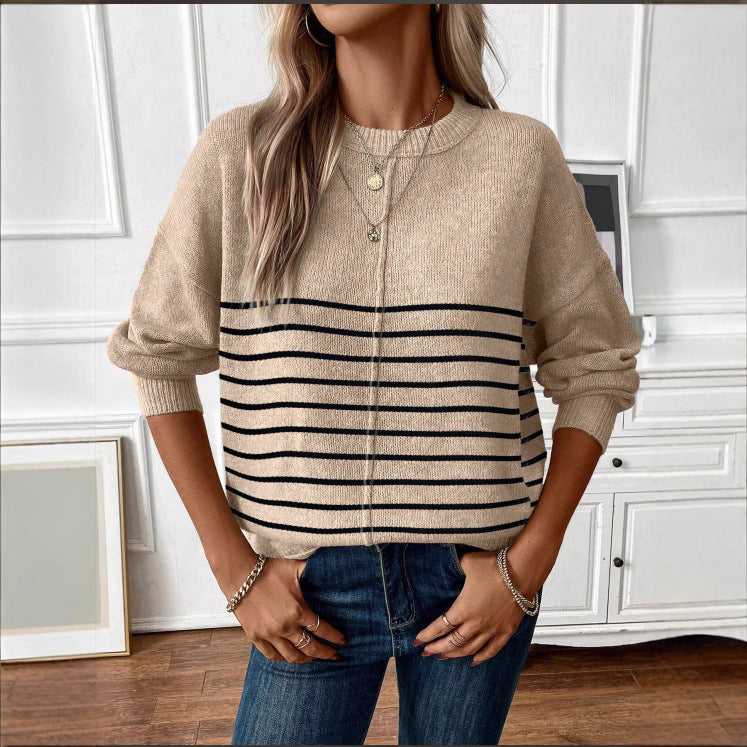 Women's Classic Versatile Loose Thick Quality Striped Round Sweaters