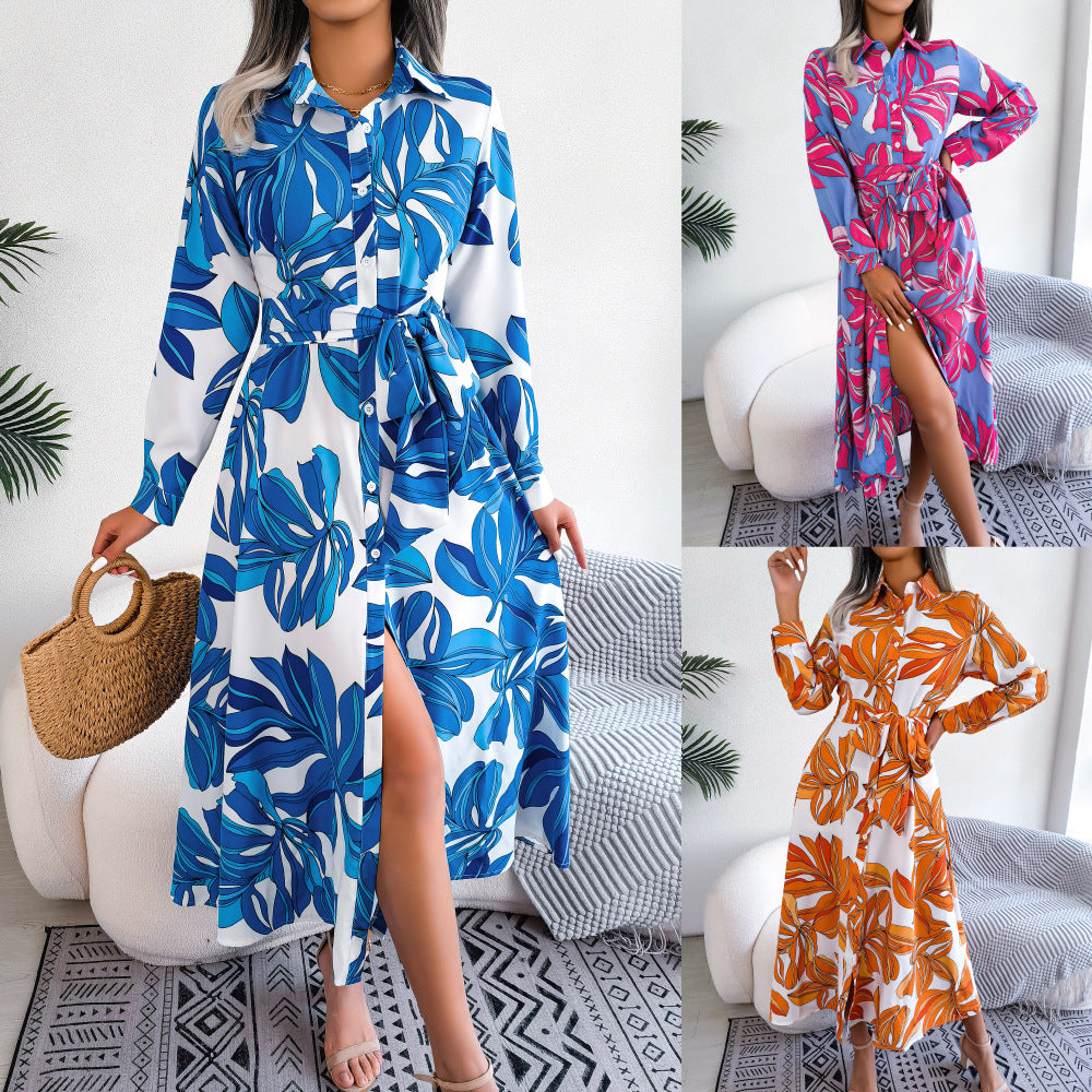 Women's Style Flower Lapel Tied Shirt Long Clothing