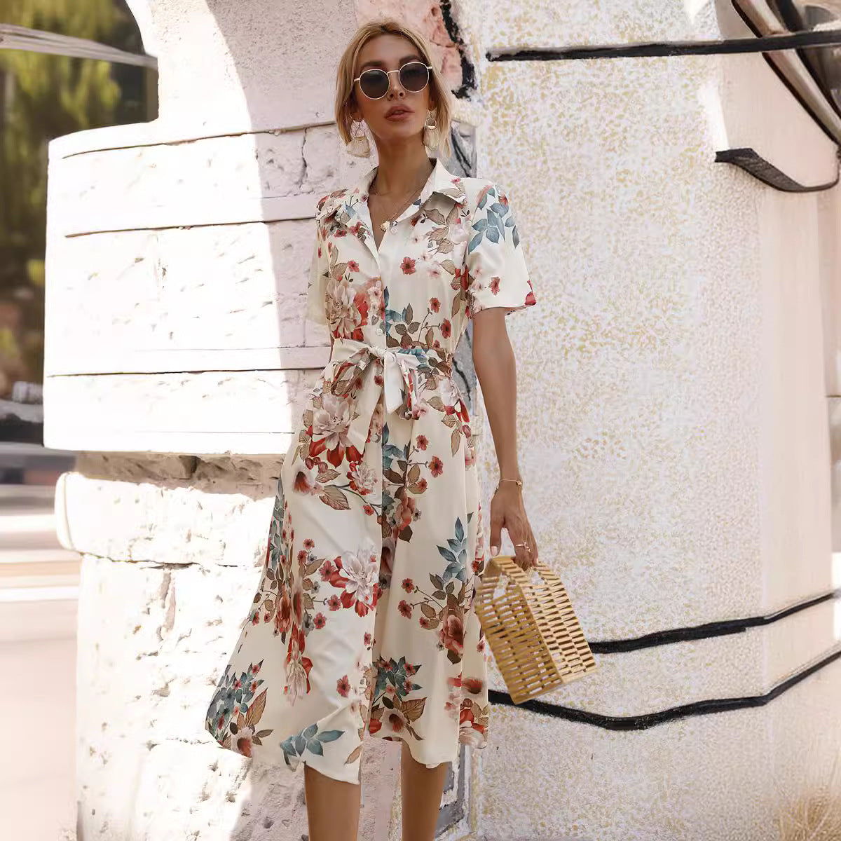 Women's European Goods Summer Waist Single-breasted Printed Dresses