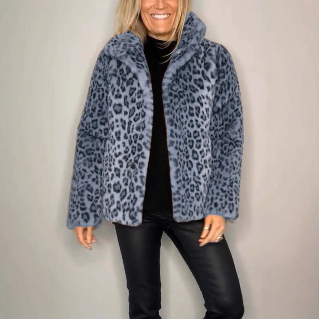 Women's Winter Fashionable Leopard Print Lapel Imitation Coats